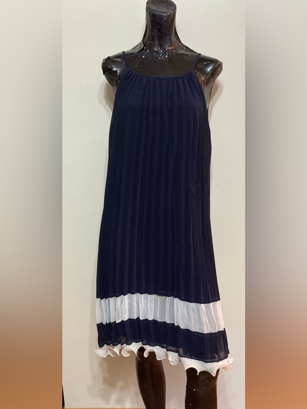 Joie Navy and White Pleated Spaghetti-Strap Dress. Item# TSd32